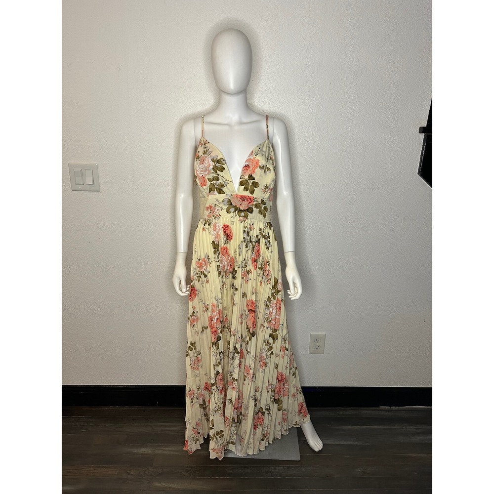 SHEIN Floral Pleated Maxi Dress Yellow Pink Rose V-Neck Tie Back